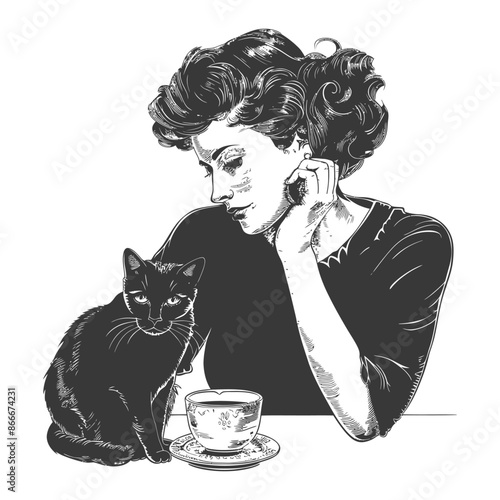 A Woman with a Black Cat and a Cup of Tea