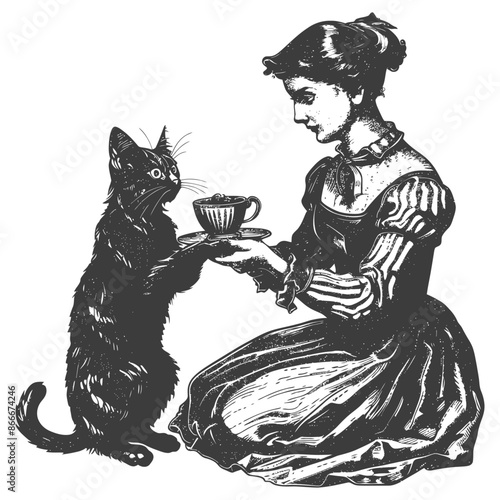 A Woman Offering Tea to a Black Cat