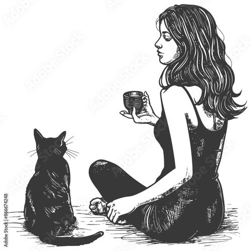 Woman with Cat and Cup of Tea Sitting on the Floor