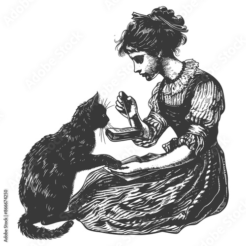 A Young Woman Sitting with a Black Cat