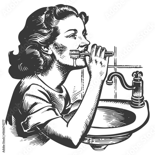 Woman Brushing Teeth in Front of a Sink