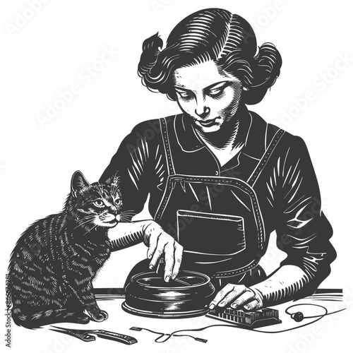 Woman feeding her cat with an automatic pet feeder
