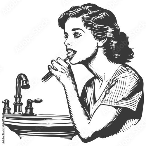 Woman Brushing Teeth in Bathroom Sink