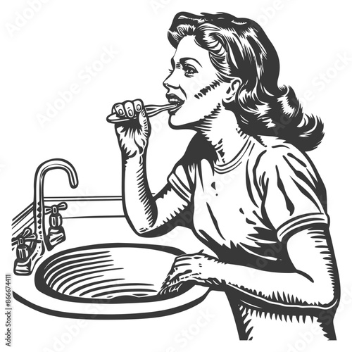 Woman Brushing Her Teeth in a Bathroom Sink