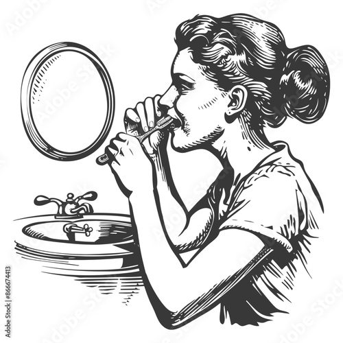 Woman Brushing Her Teeth in Front of a Mirror in the Bathroom