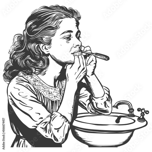 Woman Brushing Her Teeth in Front of a Sink