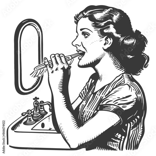 Woman Brushing Teeth in Front of Mirror