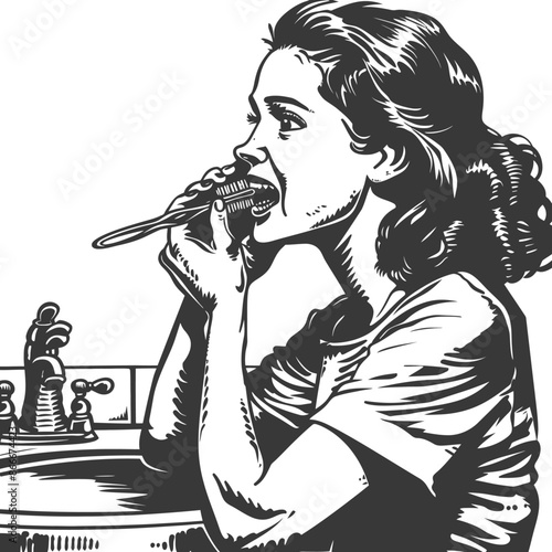 Woman Brushing Her Teeth In The Bathroom