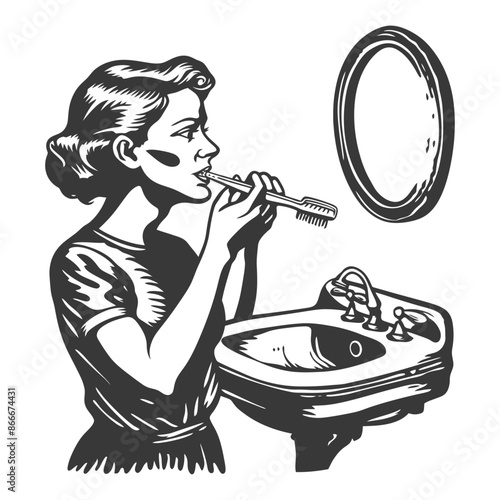 Vintage Illustration of a Woman Brushing Her Teeth in Front of a Mirror