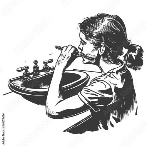 Woman Brushing Her Teeth in the Bathroom