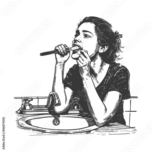 Woman Brushing Teeth in Bathroom Sink