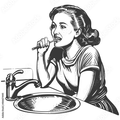 Retro Woman Brushing Teeth in Bathroom Sink