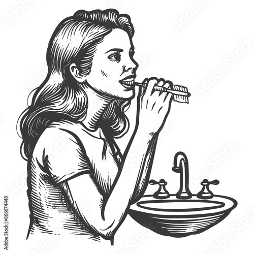 Woman Brushing Teeth in Bathroom with Sink and Faucet