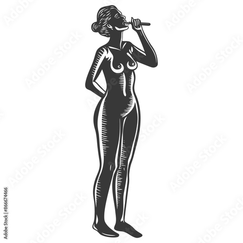 Woodcut Nude Woman Drinking from Flute: Classical Style, Stylized Silhouette.