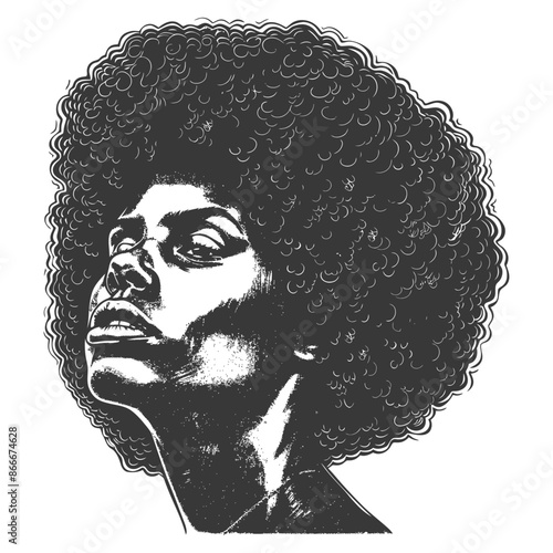 Afro Woman Etching: Upward Gaze, Textured Hair, Artistic Portrait