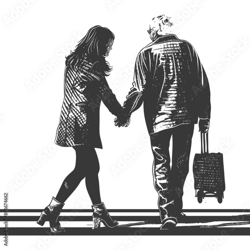 Monochrome Journey: Young Woman & Senior Man Holding Hands, Luggage, Travel Companions.