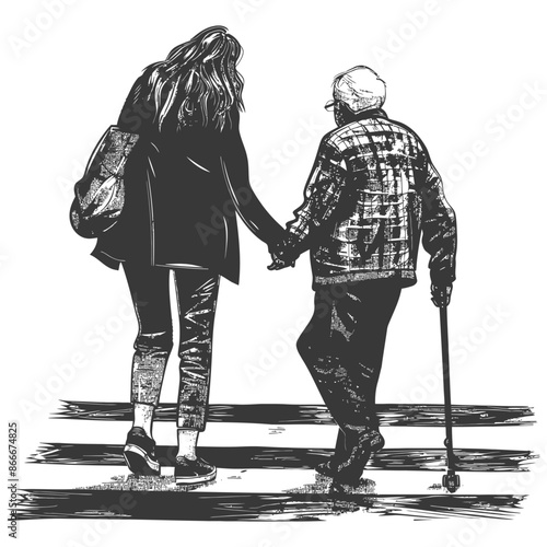 Generational Bridge: Grandfather Helped by Granddaughter Crossing the Street, Hand-Drawn.