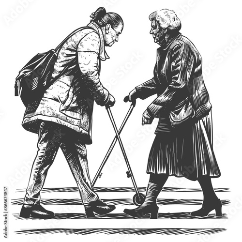 Elderly Women Crossing Paths: Engraved Illustration of Aging and Mobility Aids.
