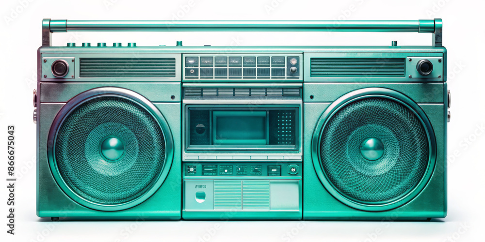 Fototapeta premium A retro boombox is displayed with a metallic turquoise color, featuring large twin speakers and numerous control buttons. The nostalgic design evokes memories of the 1980s music scene.AI generated.