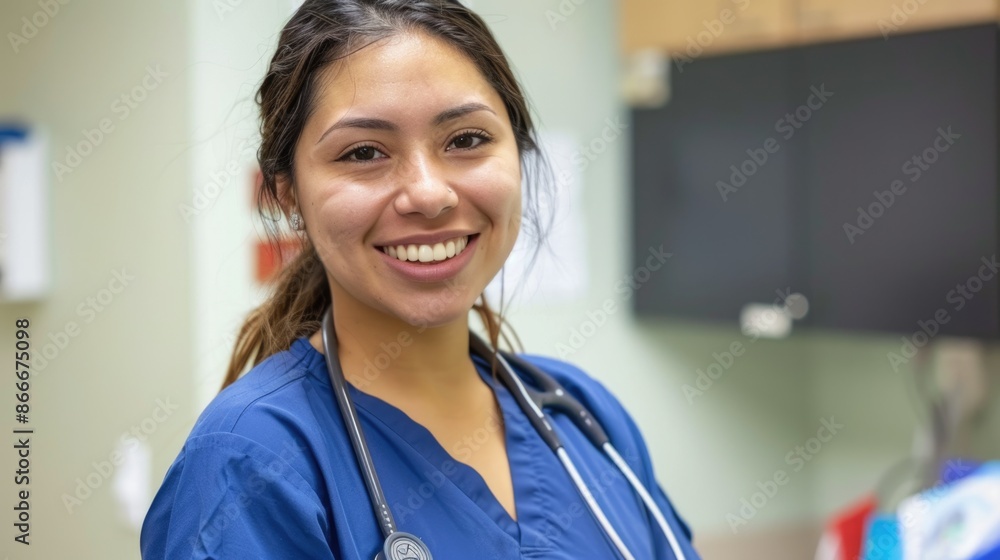 Smiling Hispanic health worker in blue uniform at medical office. Smiling Hispanic health worker in blue uniform at medical office.