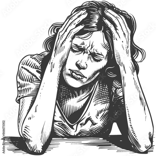 Distressed Woman: Etched Illustration of Headache, Grief, or Mental Strain.