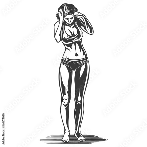 Distressed Woman, Hands on Head, Monochromatic Vector Illustration.