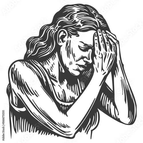 Woodcut Anguish: Woman with Hands to Head, Sorrowful Depression, Monochrome Illustration.