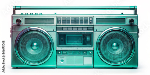 A retro boombox is displayed with a metallic turquoise color, featuring large twin speakers and numerous control buttons. The nostalgic design evokes memories of the 1980s music scene.AI generated.
