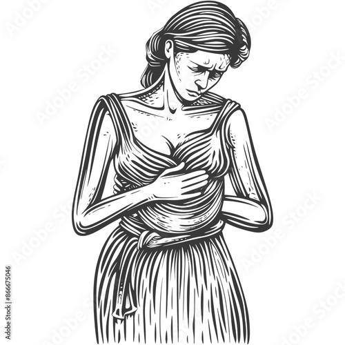 Engraved Woman with Breast Pain, Worried Expression, Detailed Hatching, Isolated.