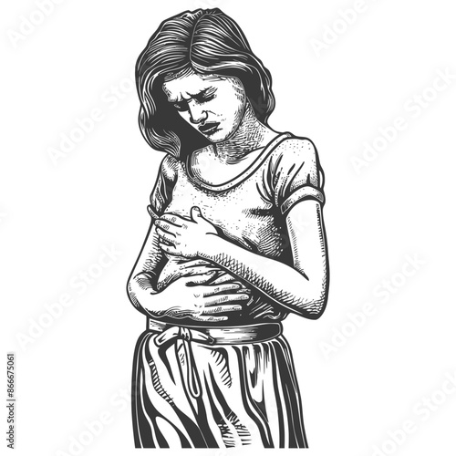 Engraved Illustration: Woman Clutching Chest, Pained Expression, Hand-Drawn Style.