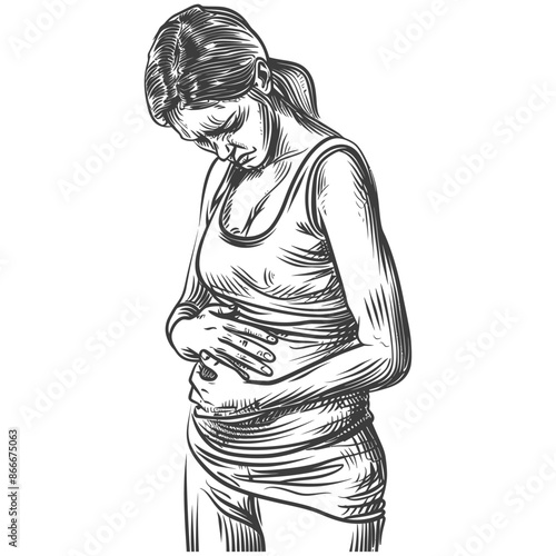 Distressed Woman Clutching Stomach: Hand-Drawn Illustration of Pain and Discomfort.