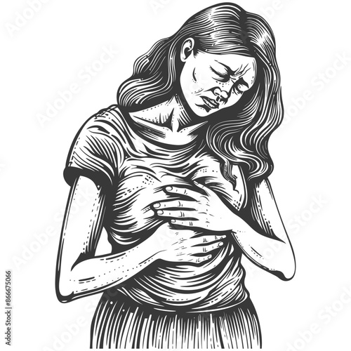 Engraved Woman Clutching Chest, Painful Heart Condition, Textured Vector Illustration