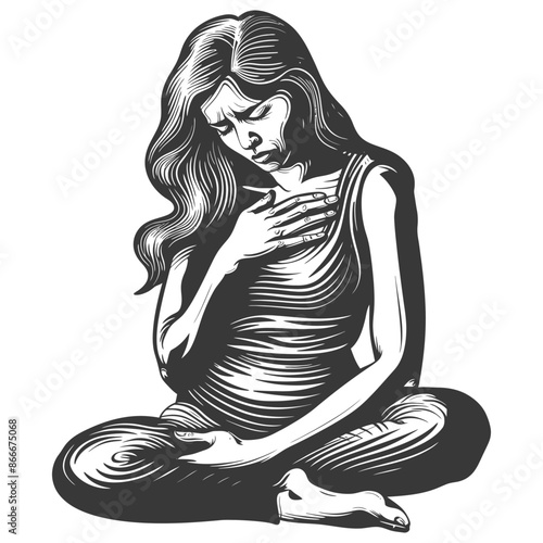 Engraved Woman in Lotus Position, Hand on Chest, Sorrowful Expression, Monochrome Illustration.