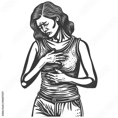 Distressed Woman Clutching Chest, Line Art Style, Pain and Worry.