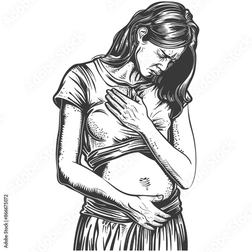 Distressed Pregnant Woman, Hand on Heart, Sketch Style.