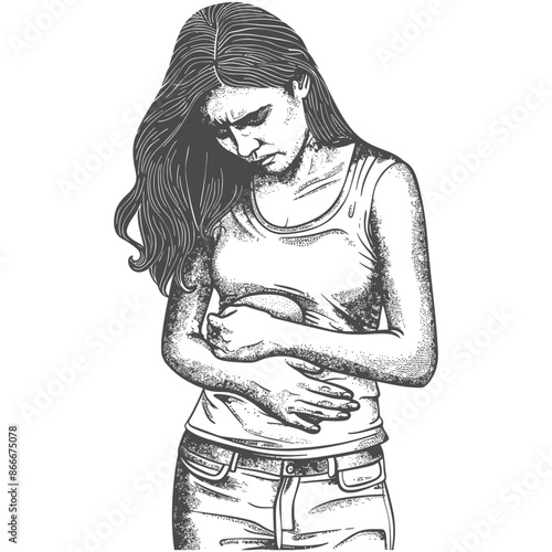 Distressed Woman Clutching Stomach, Digestive Pain, Hand-Drawn Illustration.