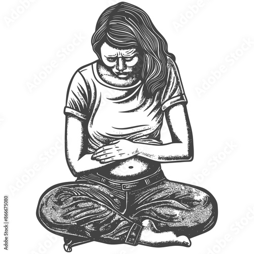 Engraved Woman: Cross-Legged, Holding Stomach in Discomfort, Painful PMS.