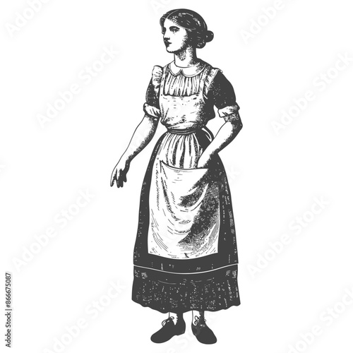 Victorian Maid: Black & White Engraving, Apron, Collar, Historical Domestic Service.