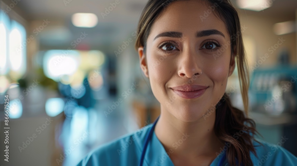 Obraz premium Smiling Hispanic health worker in blue uniform at medical office.