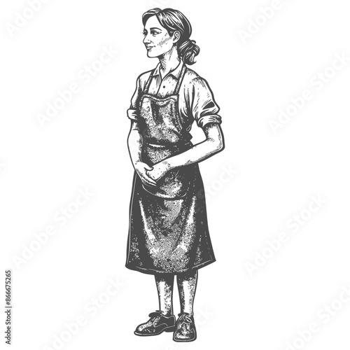 Vintage Apron Woman: Hand-Drawn Etching, Timeless Profession, Hopeful Gaze.