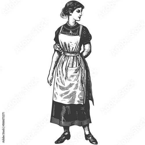 Victorian Era Woman in Apron, Engraving Style, Cleanliness, Housewife