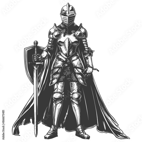 Engraved Knight: Full Armor, Sword, and Flowing Cape, Detailed Illustration.