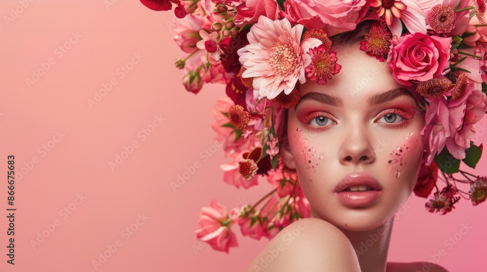 Young woman with floral hairstyle and body art on pink background.