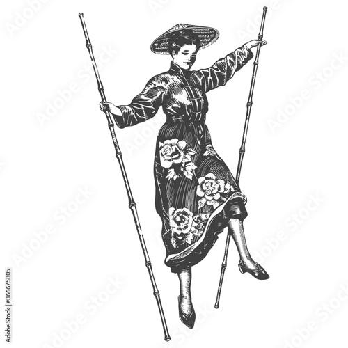 woman playing traditional bamboo dancing bamboo stilts game with engraving style