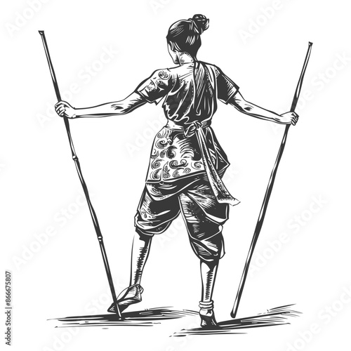 woman playing traditional bamboo dancing bamboo stilts game with engraving style