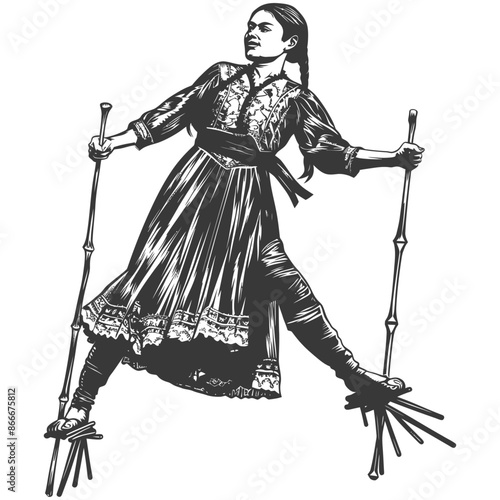 woman playing traditional bamboo dancing bamboo stilts game with engraving style