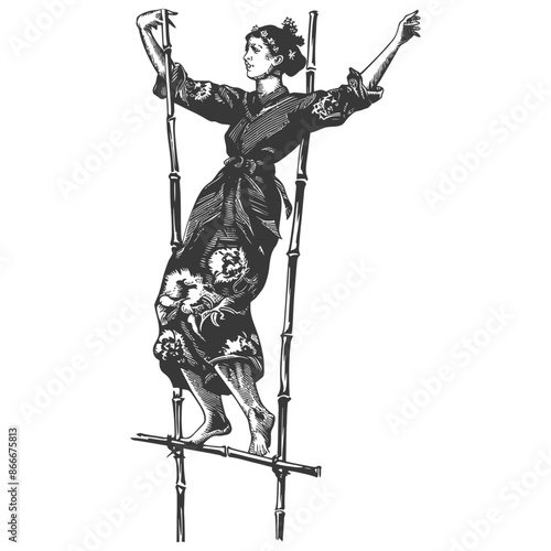 woman playing traditional bamboo dancing bamboo stilts game with engraving style