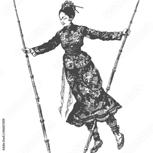 woman playing traditional bamboo dancing bamboo stilts game with engraving style