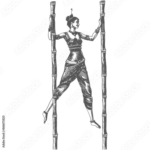 woman playing traditional bamboo dancing bamboo stilts game with engraving style