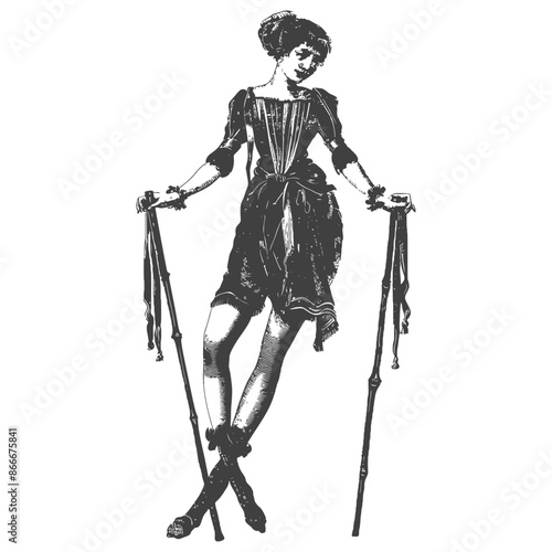 woman playing traditional bamboo dancing bamboo stilts game with engraving style